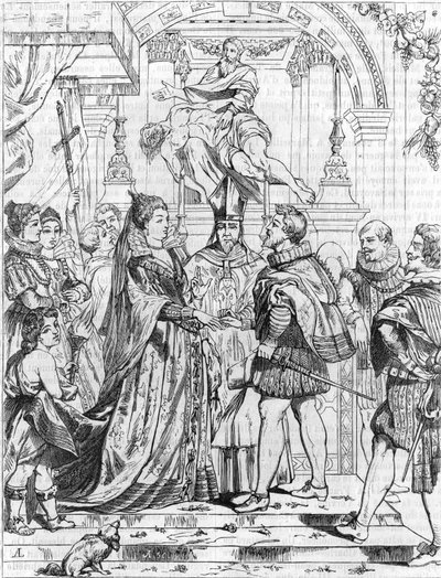 Avioliitto Marie de Mediciksen (1576-1642) edustajan toimesta Henrik IV:n kanssa Firenzessä, 5. lokakuuta 1600. Pierre Paulin (Pierre-Paul) Rubensin (tai Peter Paulin tai Petrus Pauluksen) kaiverrus (1577-1640). tekijältä Peter Paul (after) Rubens