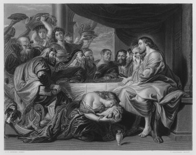 Maria voitelemassa Kristuksen jalkoja, kuvasta kuninkaallisessa kokoelmassa (kaiverrus) tekijältä Peter Paul (after) Rubens