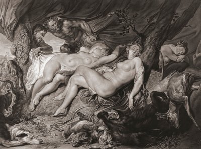 Nukkuva Diana ja hänen nymfinsä vakoilivat satyyrit. (Tulosta) tekijältä Peter Paul (after) Rubens