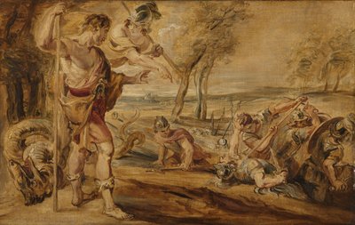 Cadmus, Minervan opastama, tarkkailee spartoi-taistelua tekijältä Peter Paul Rubens (after)