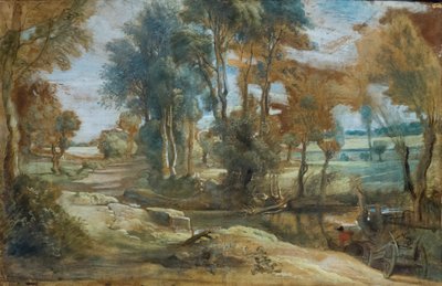 Vaunu ylittää puron, n.1625-40 (mustaliitu ja öljy paperille kankaalle kiinnitettynä). tekijältä Peter Paul Rubens