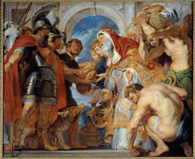 Abraham ja Melkisedek. Palattuaan voittoisasta sotamatkasta Abraham tapasi Melkisedekin (tai Melkisedekin tai Melkisedekin tai Melkisedekin tai Melkisedekin), Saalemin kuninkaan, joka toi hänelle leipää ja viiniä. Hän oli pappi ja lausui tämän siunauksen: tekijältä Peter Paul Rubens