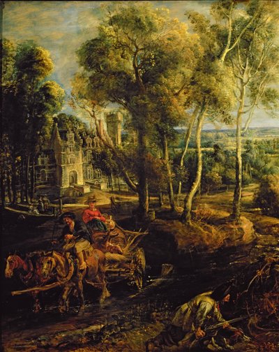Syksyinen maisema näköalalla Het Steeniin varhain aamulla, n. 1636 öljytaulun yksityiskohta 211075 tekijältä Peter Paul Rubens