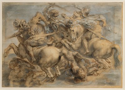 Anghiarin taistelu (ruskea muste, musta kivi, sivellin, kynä, korotettu guassilla ja lyijyvalkoisella). tekijältä Peter Paul Rubens