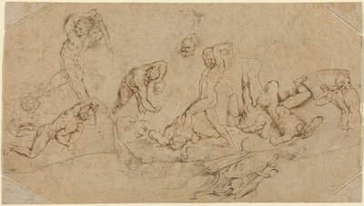 Battle of Nude Men (kynällä ja ruskealla tussilla mustaa liitua neljälle epäsäännöllisesti leikatulle palalle kahta erilaista buff-paperia; aseteltu alaspäin ja lisättyjä kulmakappaleita). tekijältä Peter Paul Rubens