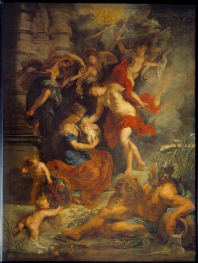 Marie de Mediciksen sykli (1573-1642): "" Marie de Mediciksen syntymä Firenzessä 26.4.1573"". Edustus Jeanne of Austrian (1547-1578) hänen tyttärensä kanssa. Pierre Paul (Pierre-Paul) Rubensin (tai Peter Paulin tai Petrus Pauluksen) maalaus (1577-1640) tekijältä Peter Paul Rubens
