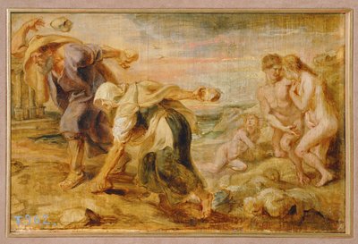 Deukalion ja Pyrrha, ihmiskunnan luojat ensimmäisen tulvan jälkeen (maalaus puulle) tekijältä Peter Paul Rubens