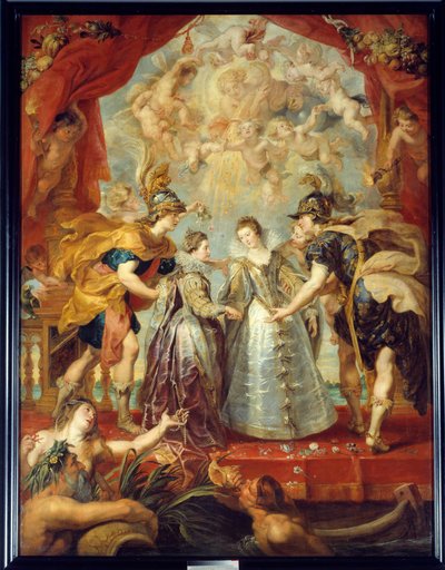Ranskan ja Espanjan kahden prinsessan vaihto Bidassoa-joella Hendayessa, 11.9.1615 Allegorinen esitys Itävallan Annan ja Ludvig XIII:n avioliitosta toisaalta Isabellan (1602-1644) ja Philip IV:n välillä toisaalta tekijältä Peter Paul Rubens