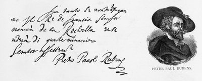 Rubensin käsiala ja allekirjoitus italiankielisestä kirjeestä Englannin laivaston tappiosta La Rochellen piirityksessä, kirjoitettu Antwerpenistä 30. joulukuuta 1627 tekijältä Peter Paul Rubens