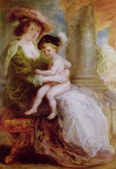 Helene Fourment (1614-73) ja hänen poikansa Frans (öljy paneelissa) tekijältä Peter Paul Rubens
