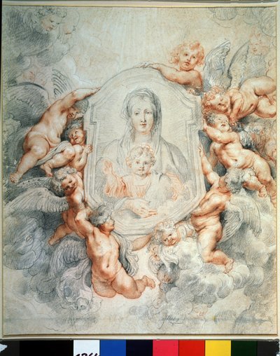 Neitsyt ja lapsi, jota enkelit palvovat (enkelien jumaloitama Madonna, Madonna della vallicella). Maalaus maalauksessa. Piirustus Peter Paul (Pierre-Paul) Rubens (tai Peter Paul tai Petrus Paulus) (1577-1640). Liitu ja punainen liitu paperille, 40,4 x 37 c tekijältä Peter Paul Rubens