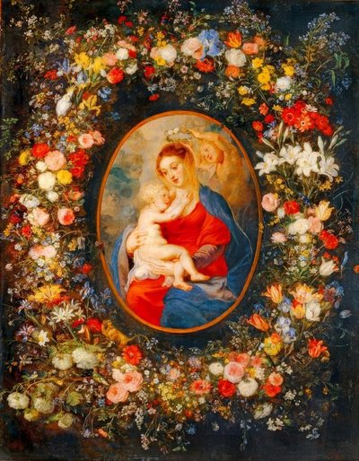 La Vierge, l’enfant Jesus et des anges au milieu d’une guirlande de fleurs tekijältä Peter Paul Rubens