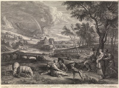 Maisema sateenkaaren ja paimenen kanssa (kaiverrus) tekijältä Peter Paul Rubens