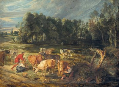 Maisema, jossa on lehmälauma tekijältä Peter Paul Rubens