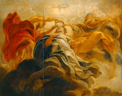 Neitsyt Marian kruunaaminen Isän Jumalan ja Jeesuksen Kristuksen toimesta (maalaus puulle) tekijältä Peter Paul Rubens