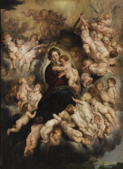 Maria lapsen kanssa enkelien seppeleessä tekijältä Peter Paul Rubens