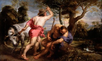 ""Mercury ja Argus"" Zeus käskee Merkuriusta nukahtamaan Argusin, Ion suojelijan, jonka Hera muutti hiehoksi (Mercury ja Argus) Pieter Paul Rubensin (1577-1640) maalaus 1636-1638 Koko 180x298 cm Museo del Prado, Madrid tekijältä Peter Paul Rubens