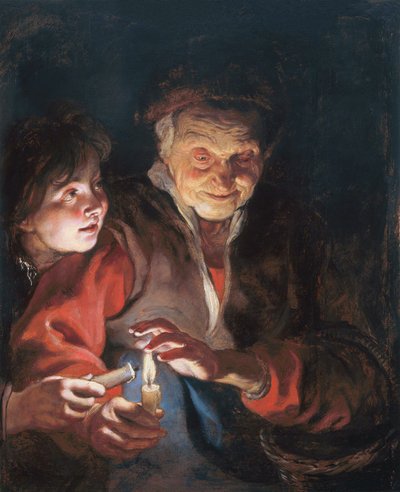 Vanha nainen ja poika kynttilöiden kanssa tekijältä Peter Paul Rubens