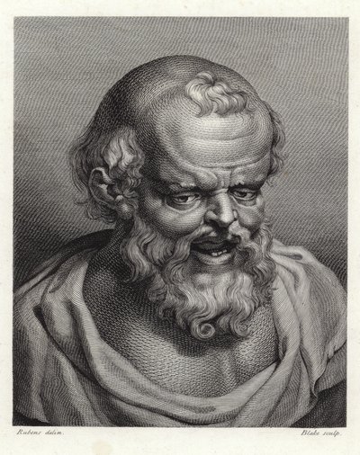 Antiikin kreikkalaisen filosofin Demokritoksen muotokuva (pistekaiverrus) tekijältä Peter Paul Rubens