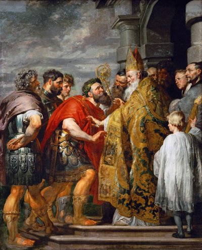 Pyhä Ambrosius Milanolainen (kuoli 397) ja keisari Theodosius I Suuri (347-395) - Pyhä Ambrosius ja keisari Theodosius I - Pieter Paul Rubens (1577-1640). Öljy kankaalle, c. 1615. Mitat: 362x246 cm. Taidehistoriallinen museo, Wien tekijältä Peter Paul Rubens