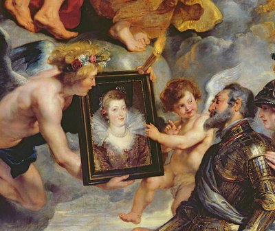 Medici-sykli: Henri IV (1553-1610) Marie de Medicin muotokuvan vastaanottaminen (1573-1642) 1621-25 (yksityiskohta 17689) tekijältä Peter Paul Rubens