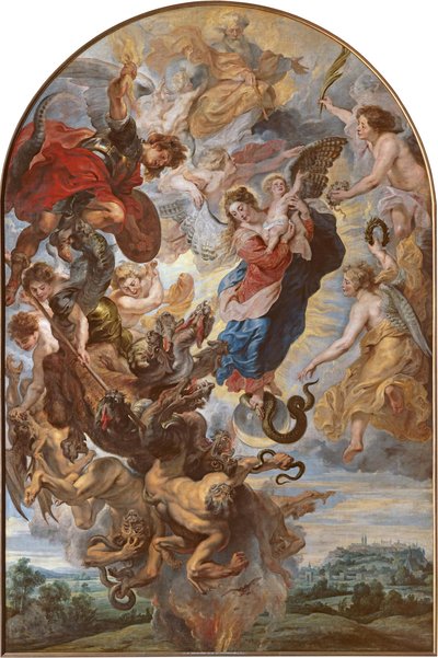 Neitsyt ilmestyskirjan naisena kuun päällä tekijältä Peter Paul Rubens