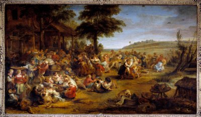 Messut tai häät kylässä. Taulukko, joka edustaa maapuoluetta. Pierre Paul (Pierre-Paul) Rubensin (tai Peter Paul tai Petrus Paulus) maalaus (1577-1640), flaamilainen koulu, noin 1635-1638. Öljy puulle. Mitat: 1,49 x 2,61 m. Musee du Louvre - kylä tekijältä Peter Paul Rubens