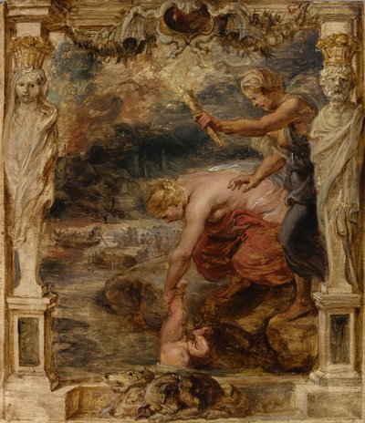 Thetis upottaa vauvan Akhilleuksen Styx-jokeen, n. 1635. tekijältä Peter Paul Rubens