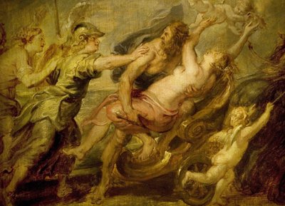 Proserpinen sieppaus noin 1636, Pierre Paul (Pierre-Paul) Rubens (tai Peter Paul tai Petrus Paulus) (1577-1640), Proserpine, roomalainen vuodenaikojen jumalatar, jonka alamaailman jumala Pluto sieppasi tehdäkseen vaimostaan; Minerve, Venus ja Diane yrittäv tekijältä Peter Paul Rubens