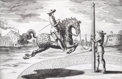 A Horse en Capriole teoksesta New Treatise for Breeding Horses, jonka ovat kirjoittaneet Winters, Stuterey ja Reit-Schul, kaiverrettu taiteilijan toimesta, pub. 1672 kaiverrus tekijältä Peter Paul Troschel