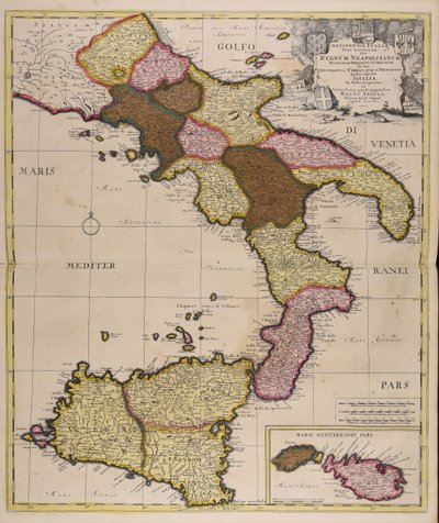 Continentis Italiae pars australior sive regnum Neapolitanum Hispaniae obediens subdivisum in suos districtus terras atque principatus quibus adjectae Sicilia in valles tripartita et contra Turcas ejus propugnaculum Malta insula tekijältä Peter Schenk the Elder