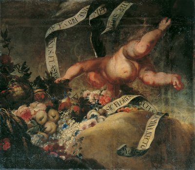 Putto kukilla, hedelmillä ja bannerilla tekijältä Peter Strudel