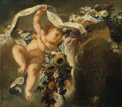 Putto kukkalangalla ja bannerilla tekijältä Peter Strudel
