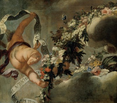 Putto, jossa on kukkalanka ja banneri tekijältä Peter Strudel