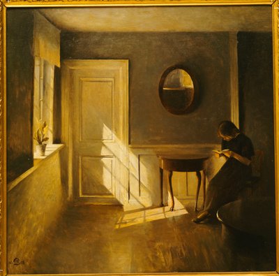 Tyttö lukemassa sisätiloissa (öljy kankaalle) tekijältä Peter Vilhelm Ilsted