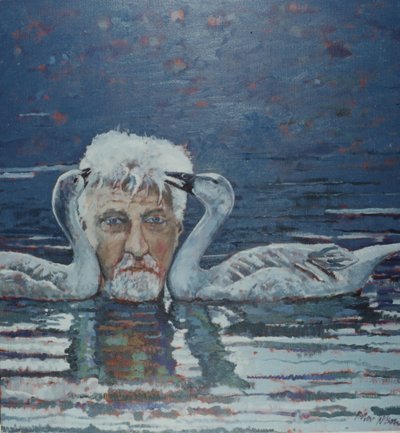 Conrad Lorenz ja hanhenpoikaset, 2000 (öljy kankaalle) tekijältä Peter Wilson