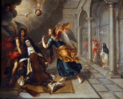 Pyhä Teresa Avilalainen (Jeesuslapsesta) (1515-1582) tapaa enkelin, joka lävistää kultaisen tikkansa sydämen. Peter Van Lindtin (1600-luku) maalaus Dim. 85x70 cm Genes, Galleria di Palazzo Bianco tekijältä Peter van Lint