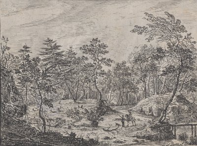 Metsämaisema, jossa ratsastaja keskustelee miehen kanssa keskellä, kävelysilta oikealla, 1716. tekijältä Peter von Bemmel