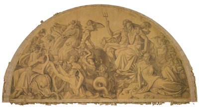Die Wasserwelt lauscht dem Leierspiel des Arion, Bogenfeld. Karton zu den Deckenbildern der Münchner Glyptothek tekijältä Peter von Cornelius