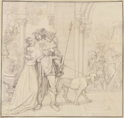 Seitsemän piirrosta Nibelungeneista: 4. Siegfried valmistautuu metsästykseen. 1812-17 tekijältä Peter von Cornelius
