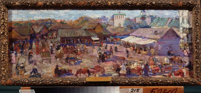 Markkinat Pihkovassa (Venäjä). Pjotr ​​Ivanovitš Petrovitševin (Pjotr ​​Petrovitševin) (1874-1947) työ, öljy pahville tekijältä Petr Ivanovic Petrovichev
