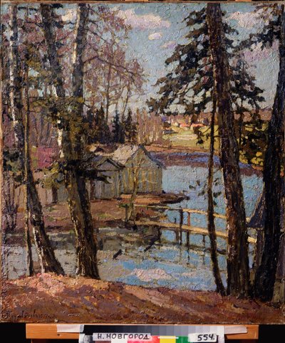 Kevät. Lammella. Pjotr ​​Ivanovitš Petrovitševin (Pjotr ​​Petrovitšev) maalaus (1874-1947), öljy kankaalle tekijältä Petr Ivanovic Petrovichev