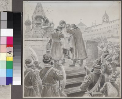 Kuvitus runoon Kauppias Kalašnikovin laulu M. Lermontov par Korovin, Pjotr Ivanovitš (1857-1919), - Kynä paperille - Valtion Lermontov-museo Tarkhany tekijältä Petr Korovin