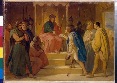 Suurprinssi Andrei Bogolyubsky (1111-1174) vastaanottaa Saksan Pyhän Rooman keisarin Frederic I Hohenstaufenin lähettämät käsityöläiset, joka tunnetaan nimellä Barbarossa (1122-1190) (suurprinssi Andrei Bogolyubsky vastaanottaa keisarin lähettämät käsityöl tekijältä Petr Vasilievich Basin