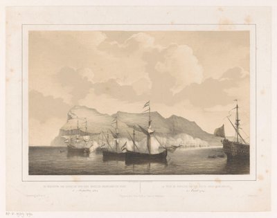Gibraltarin valloitus Anglo-hollantilaisen laivaston Gibraltarin valloitus 3. elokuuta 1704 / La prize de Gibraltar par un flotte Anglo-Neerlandaise (otsikko esineessä) tekijältä Petrus Johannes Schotel