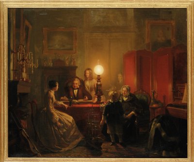 Perhe kokoontui lampunvalaistun pöydän ympärille, 1854 tekijältä Petrus Kiers