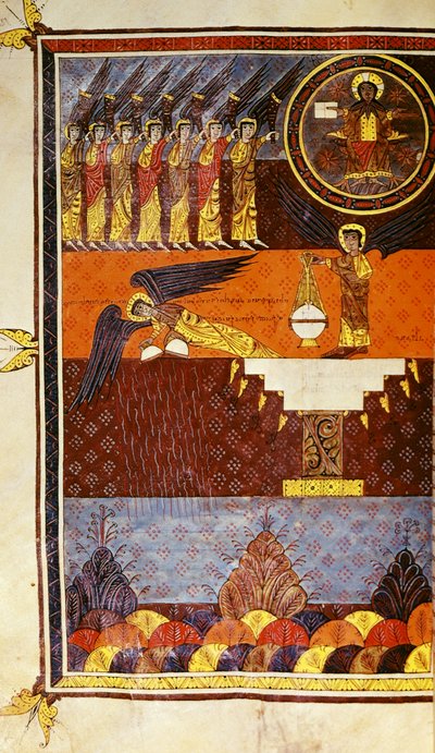 f.126 Seitsemän enkeliä trumpeteilla, Santo Domingo de Silosin Beatus-apokalypsista tekijältä Petrus Petrus