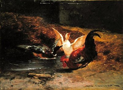 Kukko kahdella ankalla (öljy kankaalle) tekijältä Philibert Leon Couturier