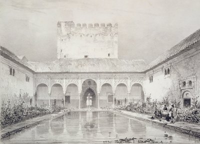 Allas ja suihkulähde Albercan sisäpihalla, Alhambra, levy 21 julkaisusta "Souvenirs de Grenade et de l