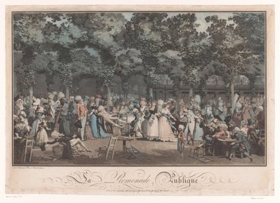 Nähdä ja tulla nähdyksi Tyylikäs yritys Jardin du Palais Royalissa Pariisissa La Promenade Publique (otsikko esineessä) tekijältä Philibert Louis Debucourt